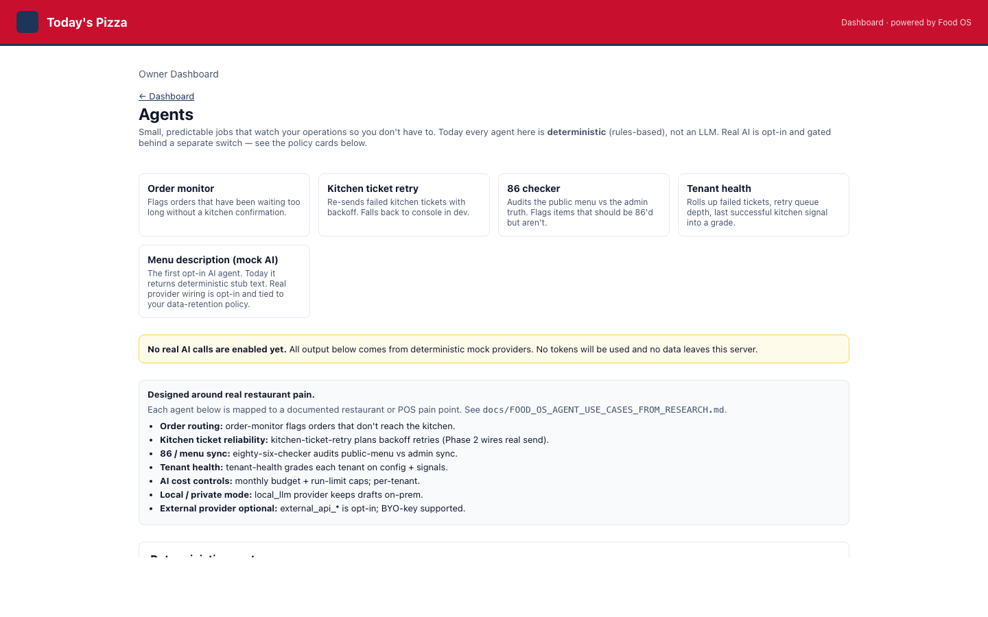 Food OS Agents dashboard showing five deterministic agent cards (Order monitor, Kitchen ticket retry, 86 checker, Tenant health, Menu description mock AI) with a yellow banner reading No real AI calls are enabled yet