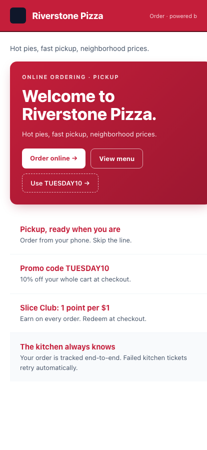 Riverstone Pizza customer ordering site on mobile, showing the brand-colored hero with Order Online, View Menu, and Use TUESDAY10 buttons